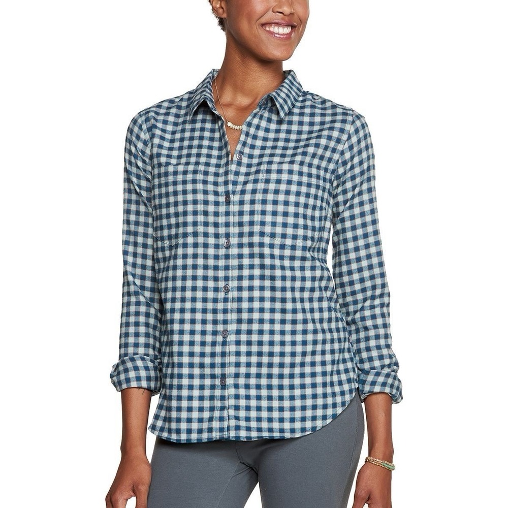 Toad & Co. Women's Dakotah Flannel Travel Shirt Blue Green Plaid Medium